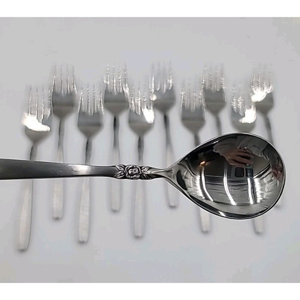11Pc Ekco Bellissima Stainless Flatware Rosette Rose Floral Fork Sugar Spoon MCM